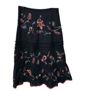 Mix Nouveau Size 6 A-Line Skirt Black Embroidered Boho Feminine Midi Tiered